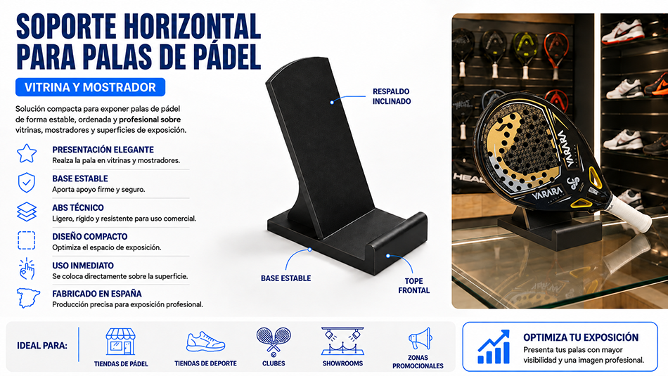 Soporte horizontal para palas de pádel en ABS sobre vitrina con pala expuesta en tienda